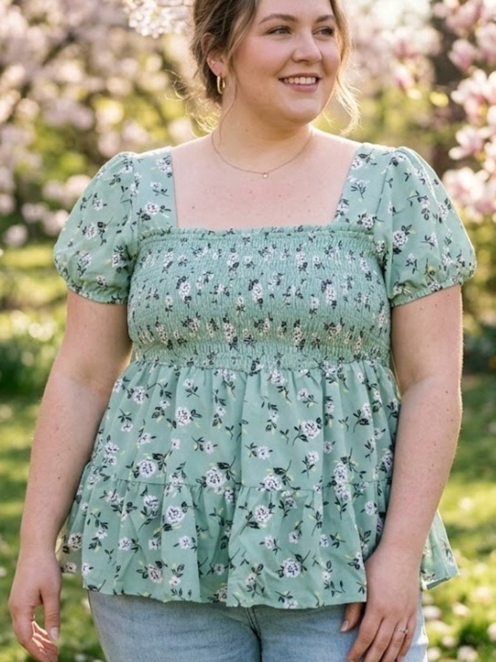 TORRID Sage Green Floral Smocked Tiered Babydoll Top Peplum Cottagecore Boho